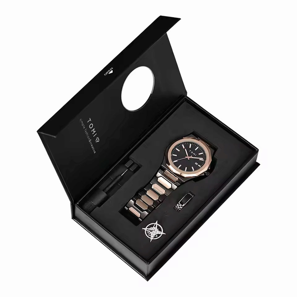 TOMI T-301 New Men's Luxury Business Stainless Steel Watch Gift Box Set