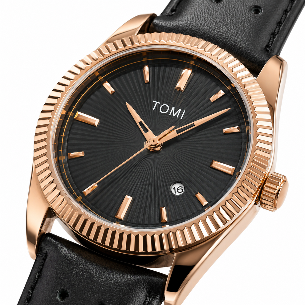 TOMI T-098 Men's Watch Date Quartz Round Shape Dial Leather Straps