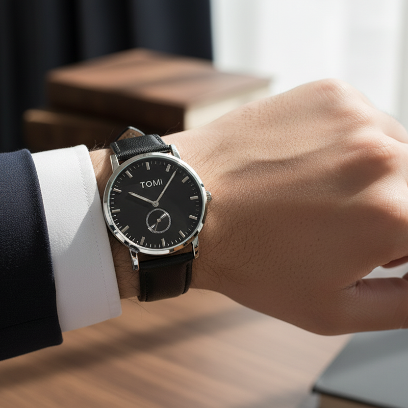 TOMI T-073 Luxury Slim Dial Watch Side Second Quartz Leather Strap
