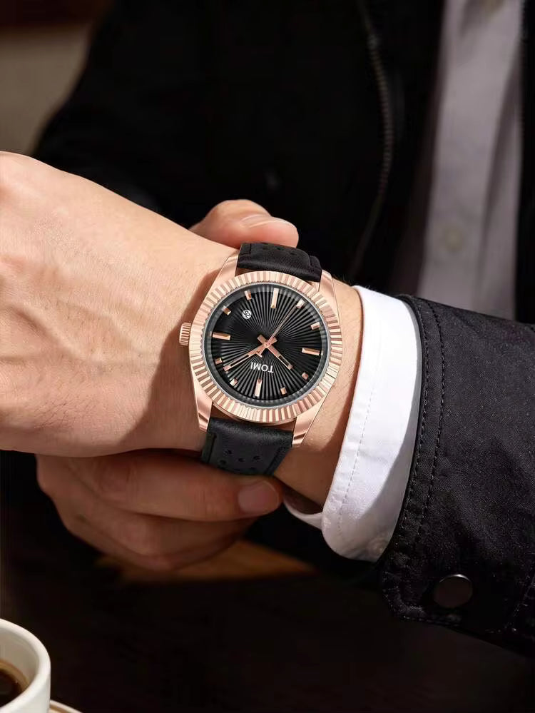 TOMI T-098 Men's Watch Date Quartz Round Shape Dial Leather Straps