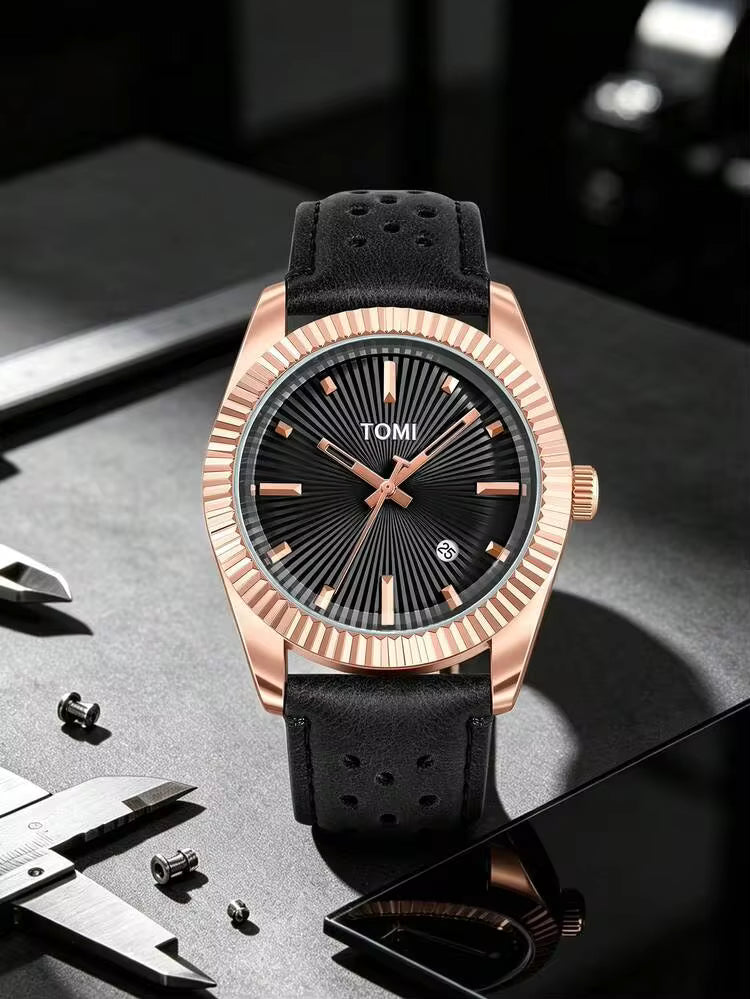 TOMI T-098 Men's Watch Date Quartz Round Shape Dial Leather Straps