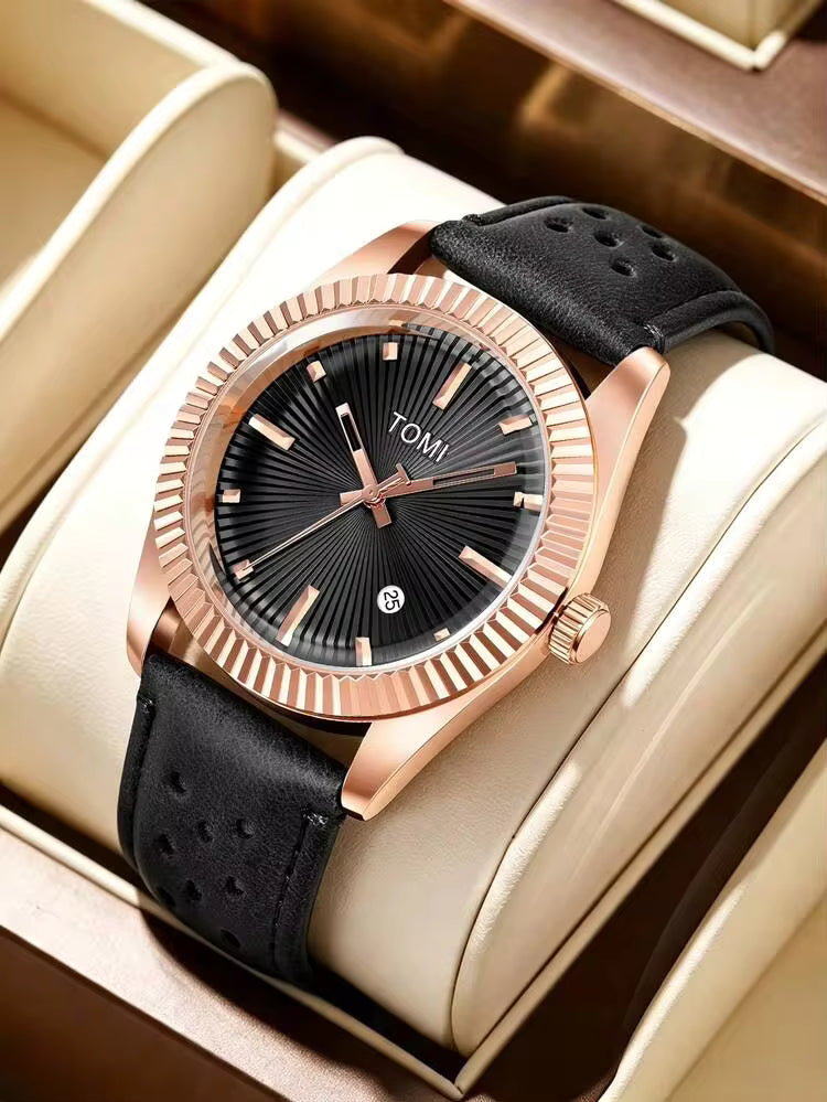 TOMI T-098 Men's Watch Date Quartz Round Shape Dial Leather Straps