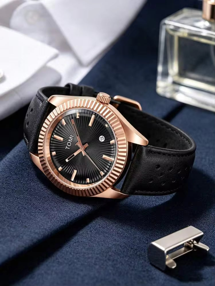 TOMI T-098 Men's Watch Date Quartz Round Shape Dial Leather Straps