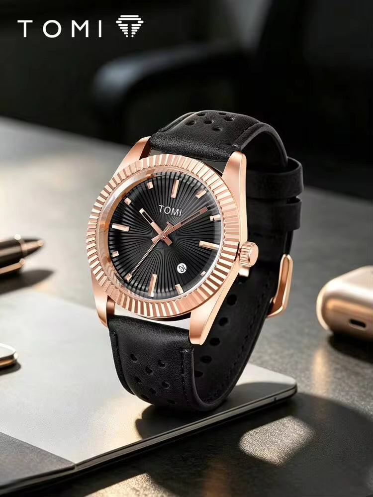 TOMI T-098 Men's Watch Date Quartz Round Shape Dial Leather Straps