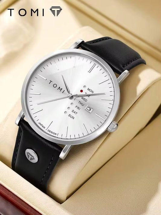 New TOMI T-019 Trendy Men's Watch Quartz Texture Business Watch with Leather Strap and Weekday Calendar