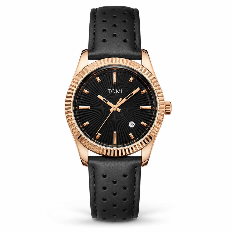 TOMI T-098 Men's Watch Date Quartz Round Shape Dial Leather Straps
