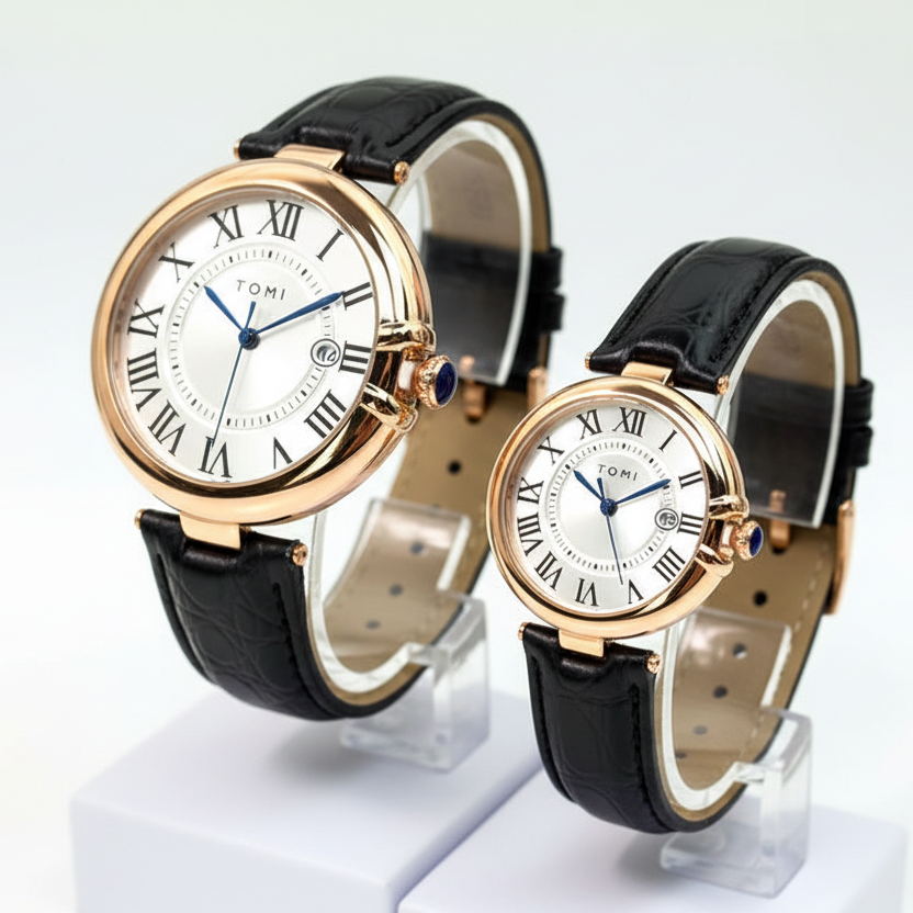 TOMI T-075 Couple Watch Date Quartz Leather Strapa