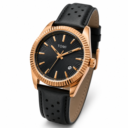 TOMI T-098 Men's Watch Date Quartz Round Shape Dial Leather Straps