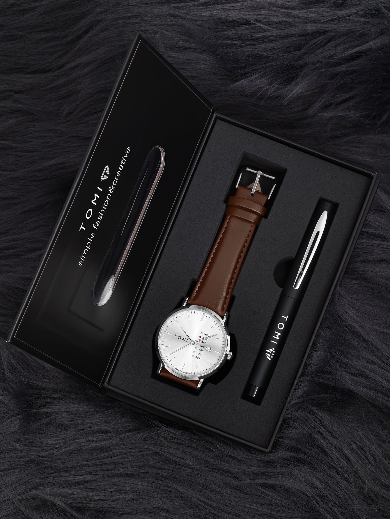New TOMI T-019 Trendy Men's Watch With Pen Quartz Texture Business Watch with Leather Strap and Weekday Calendar