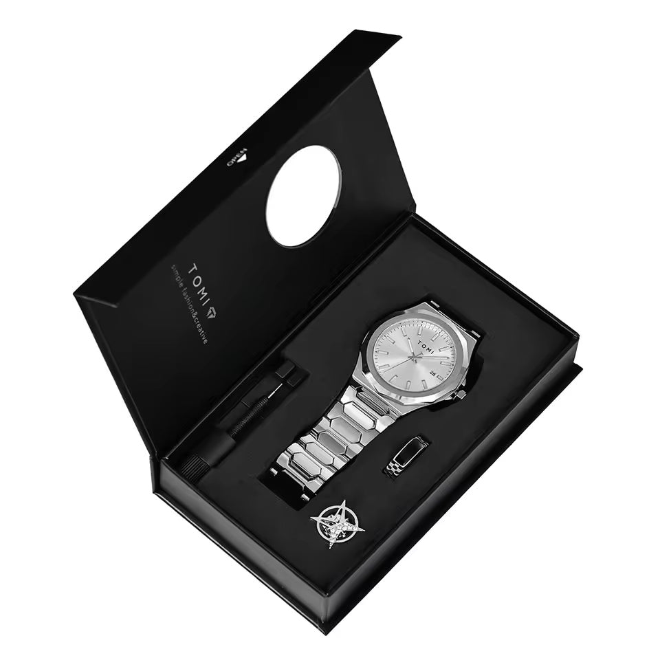 TOMI T-301 New Men's Luxury Business Stainless Steel Watch Gift Box Set