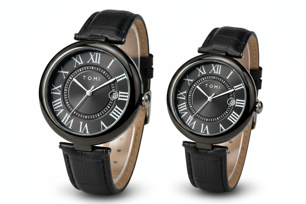 TOMI T-075 Couple Watch Date Quartz Leather Strapa