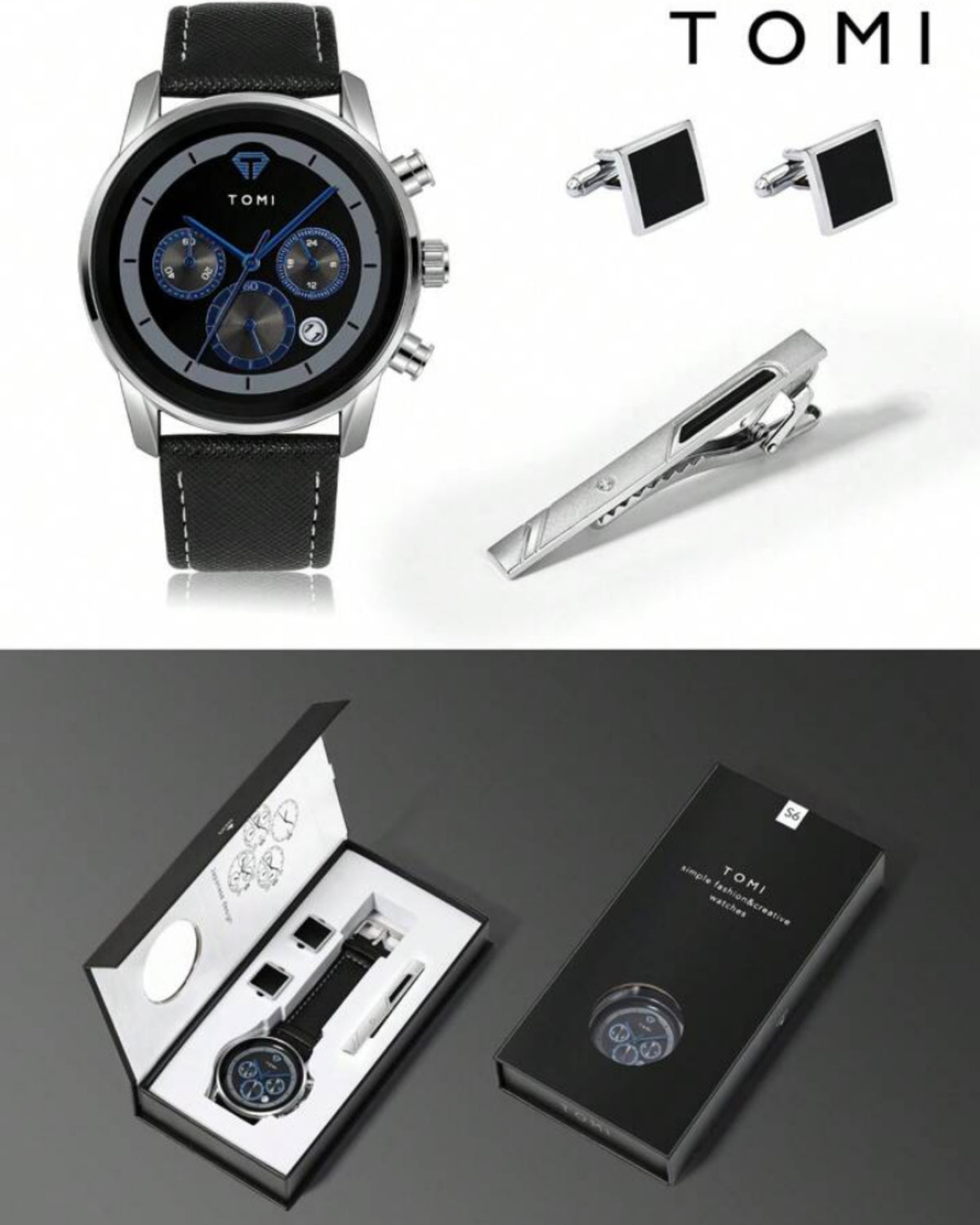 TOMI T-603 S6 Series Luxury Business Chronograph Watch Cufflinks Tie Pin