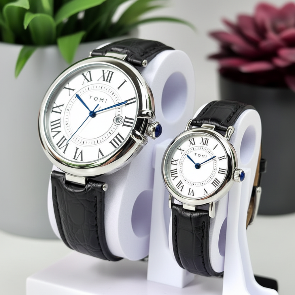 TOMI T-075 Couple Watch Date Quartz Leather Strapa