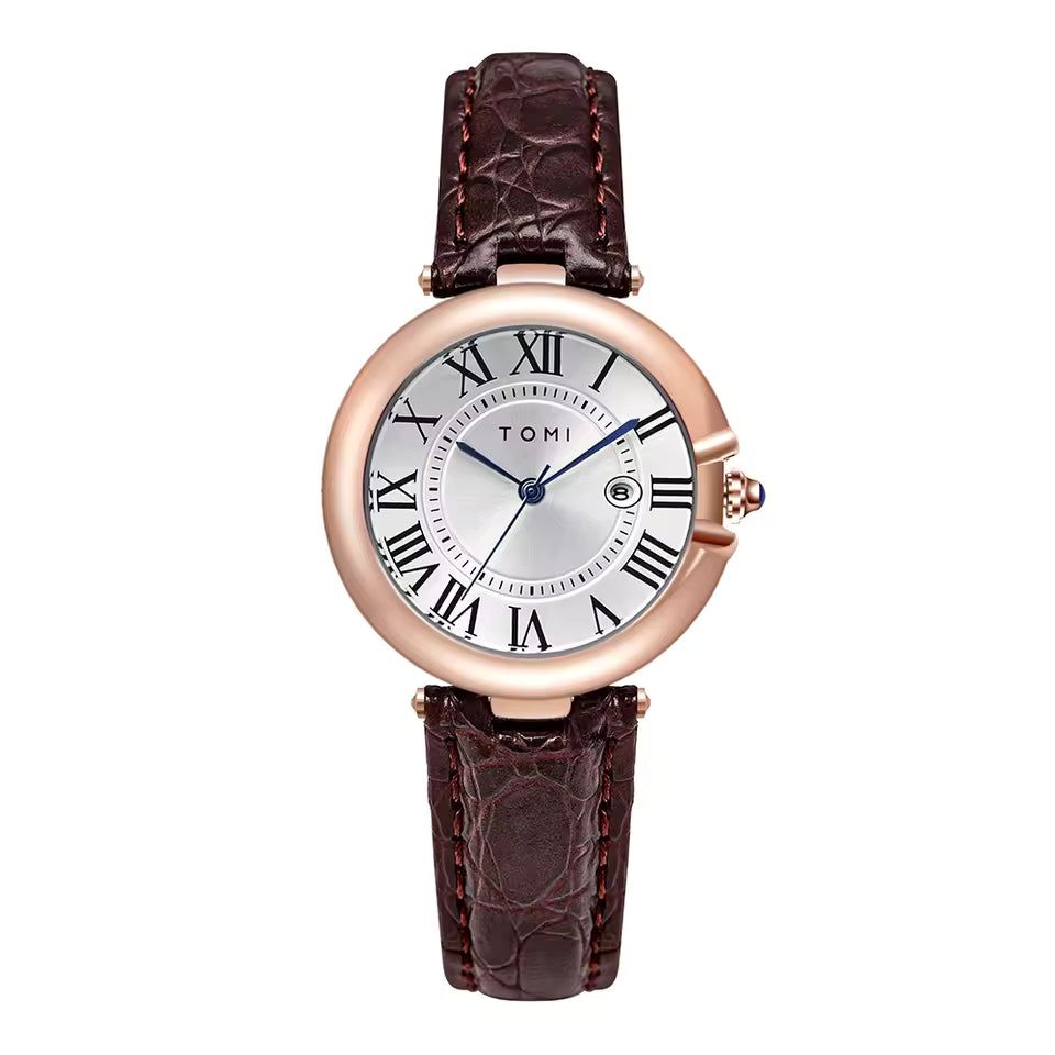 TOMI T-075 Couple Watch Date Quartz Leather Strapa