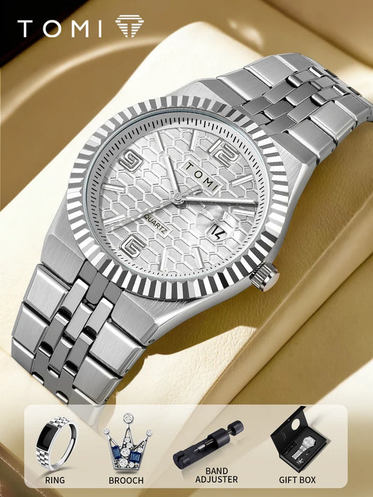TOMI T-311 Luxury Men's Watch Steel Band Calendar Multi-function Quartz Watch Ring Cufflink Gift Box Set