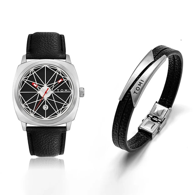 TOMI T-112 Watch With Bracelet Date Quartz Square Dial Leather Straps