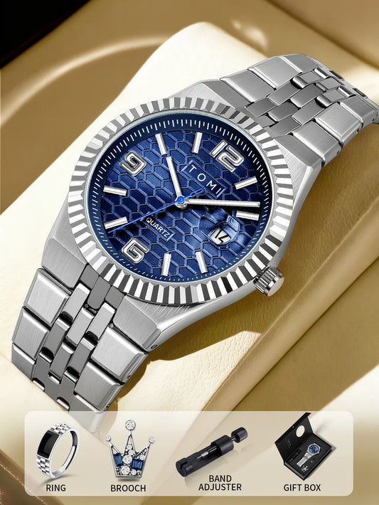 TOMI T-311 Luxury Men's Watch Steel Band Calendar Multi-function Quartz Watch Ring Cufflink Gift Box Set