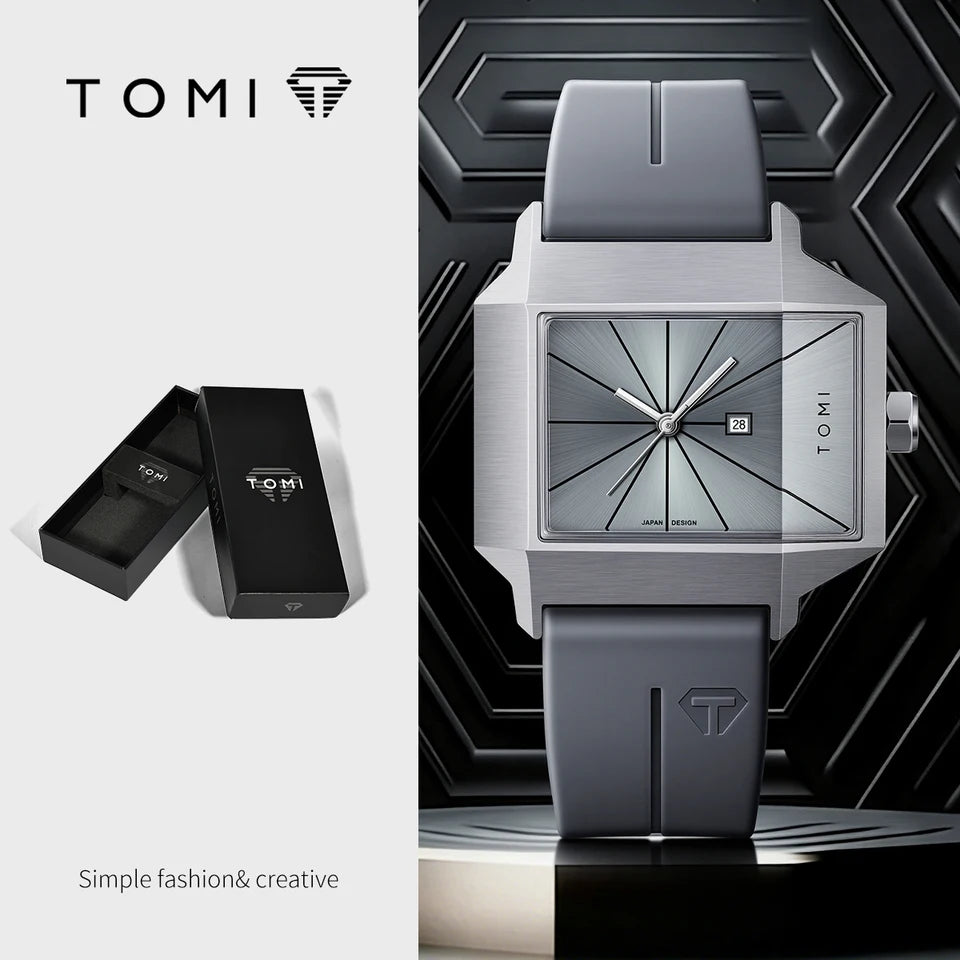 TOMI T-021 Tank Model Simple Men's Watch Silicon Straps Magnet Lock - Quartz Business Fashion Wristwatch Textured Men's Gift