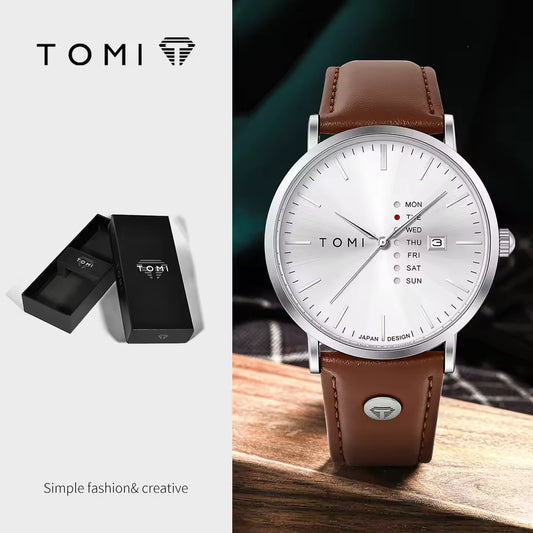 New TOMI T-019 Trendy Men's Watch Quartz Texture Business Watch with Leather Strap and Weekday Calendar