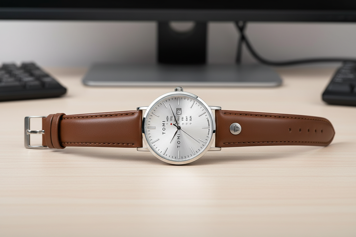 New TOMI T-019 Trendy Men's Watch Quartz Texture Business Watch with Leather Strap and Weekday Calendar