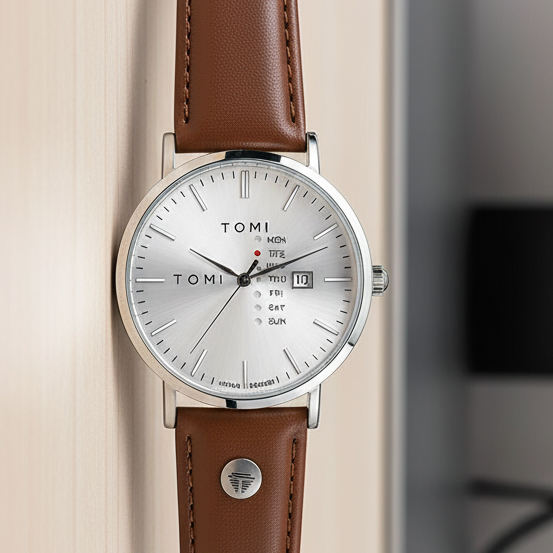 New TOMI T-019 Trendy Men's Watch Quartz Texture Business Watch with Leather Strap and Weekday Calendar