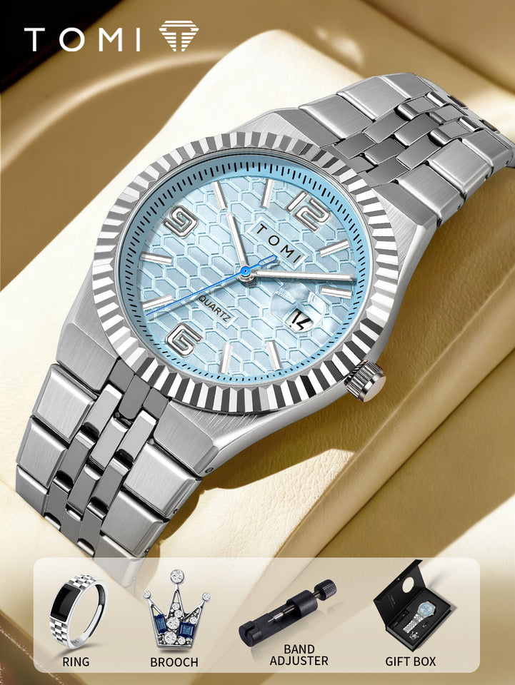 TOMI T-311 Luxury Men's Watch Steel Band Calendar Multi-function Quartz Watch Ring Cufflink Gift Box Set