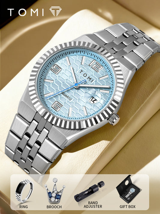 TOMI T-311 Luxury Men's Watch Steel Band Calendar Multi-function Quartz Watch Ring Cufflink Gift Box Set