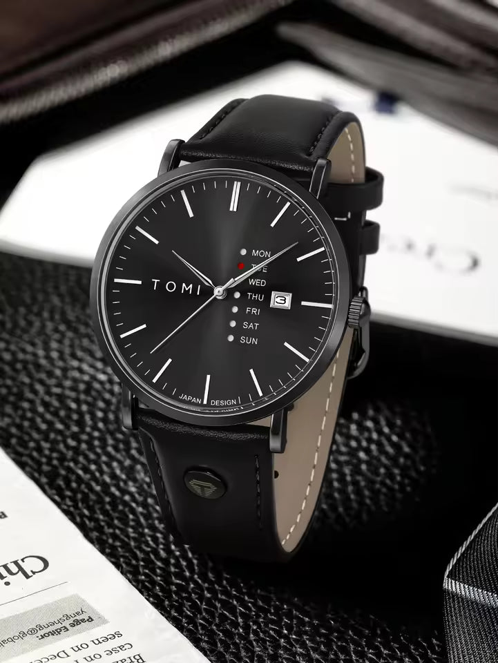 New TOMI T-019 Trendy Men's Watch Quartz Texture Business Watch with Leather Strap and Weekday Calendar