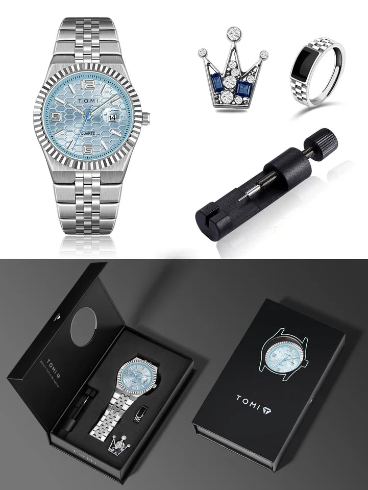 TOMI T-311 Luxury Men's Watch Steel Band Calendar Multi-function Quartz Watch Ring Cufflink Gift Box Set