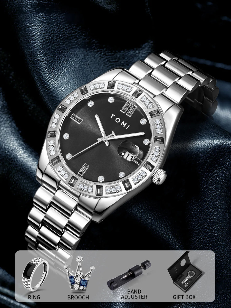 TOMI T-305 High Quality Chain Watch Set – Date Quartz | Ring & Brooch | Premium Gift Box
