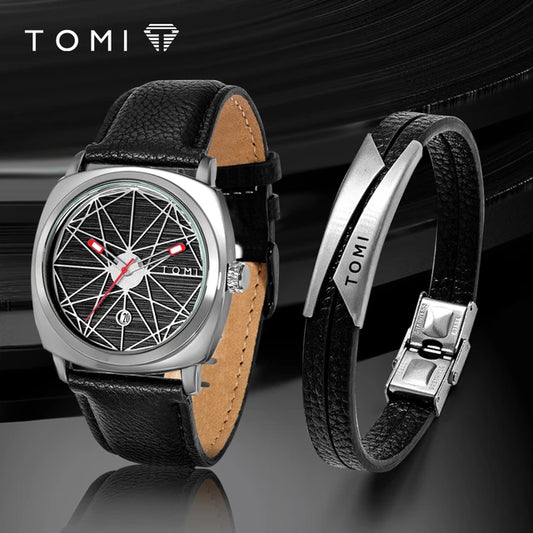 TOMI T-112 Watch With Bracelet Date Quartz Square Dial Leather Straps
