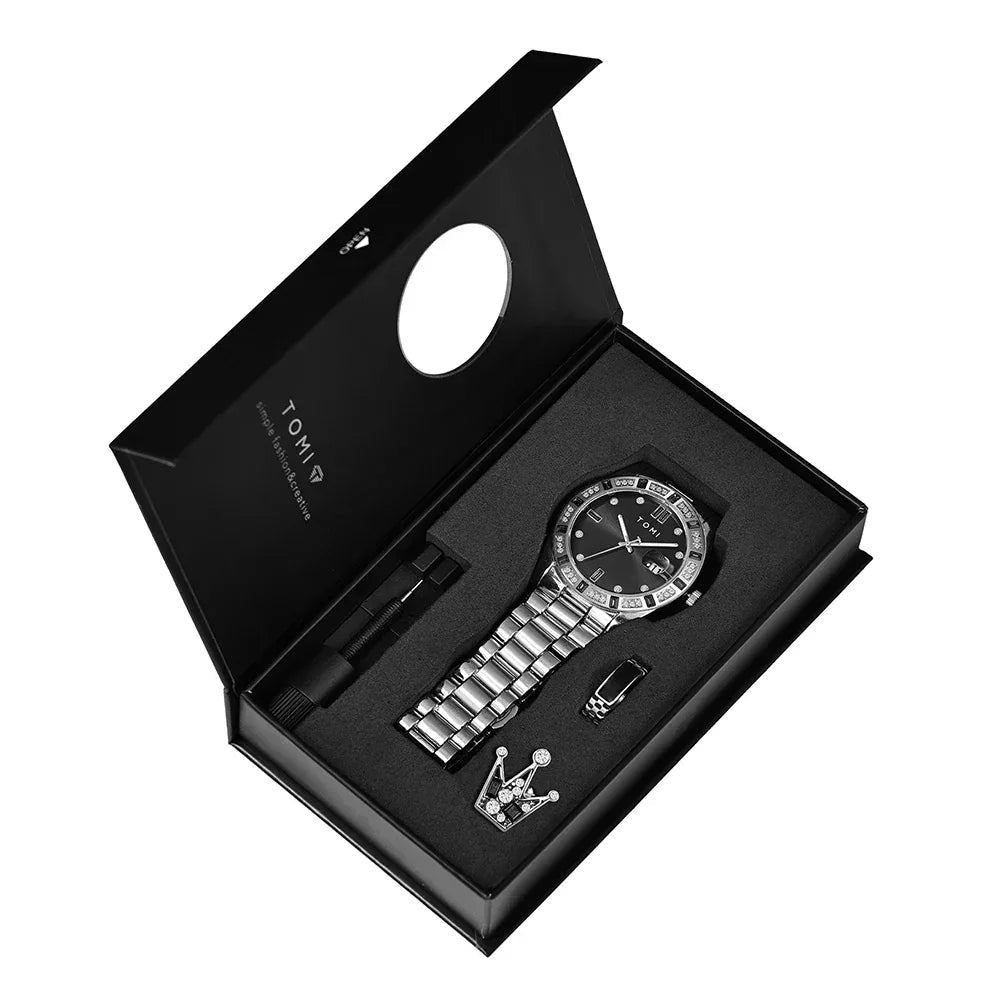 TOMI T-305 High Quality Chain Watch Set – Date Quartz | Ring & Brooch | Premium Gift Box