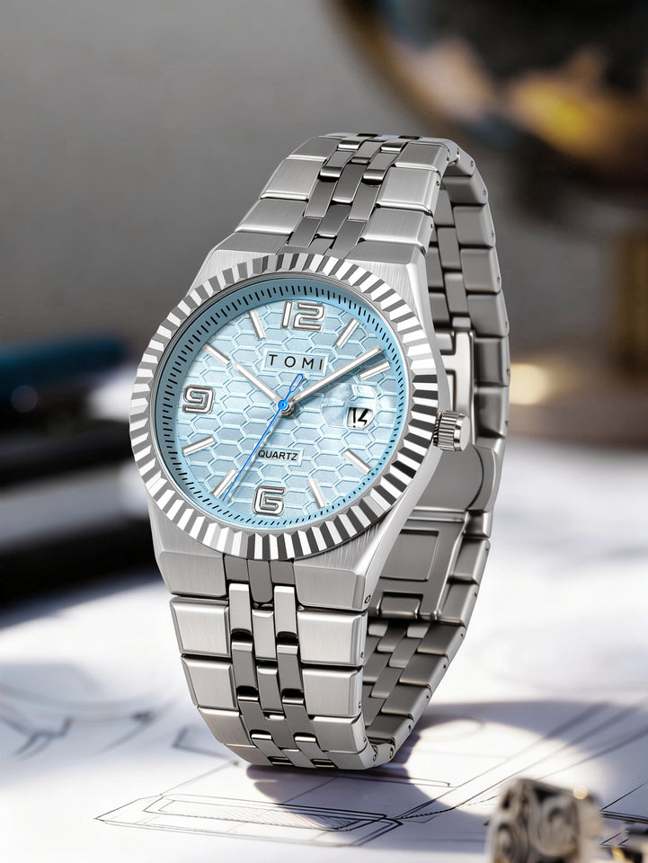 TOMI T-311 Luxury Men's Watch Steel Band Calendar Multi-function Quartz Watch Ring Cufflink Gift Box Set
