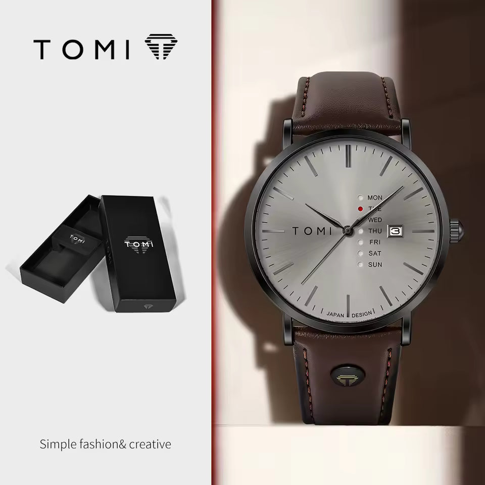 New TOMI T-019 Trendy Men's Watch Quartz Texture Business Watch with Leather Strap and Weekday Calendar