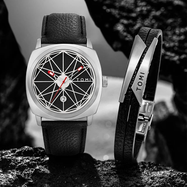 TOMI T-112 Watch With Bracelet Date Quartz Square Dial Leather Straps