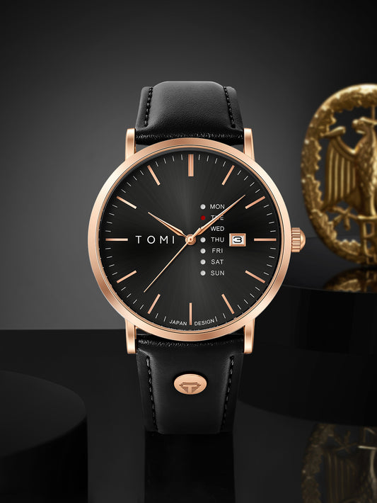 New TOMI T-019 Trendy Men's Watch Quartz Texture Business Watch with Leather Strap and Weekday Calendar