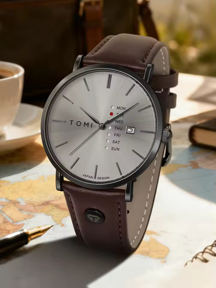 New TOMI T-019 Trendy Men's Watch Quartz Texture Business Watch with Leather Strap and Weekday Calendar