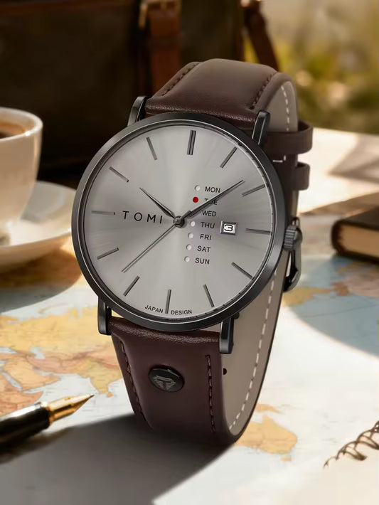 New TOMI T-019 Trendy Men's Watch Quartz Texture Business Watch with Leather Strap and Weekday Calendar
