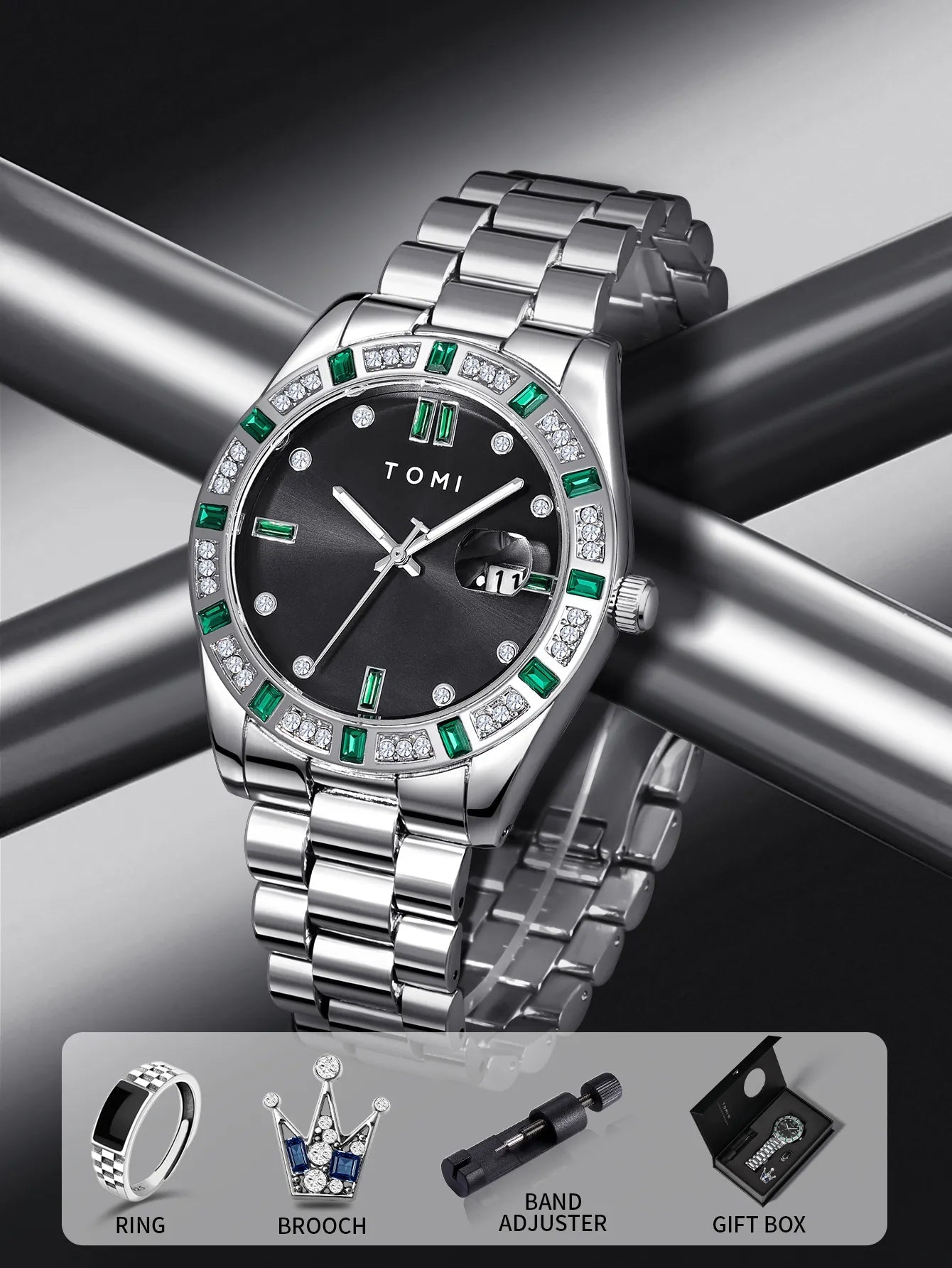 TOMI T-305 High Quality Chain Watch Set – Date Quartz | Ring & Brooch | Premium Gift Box
