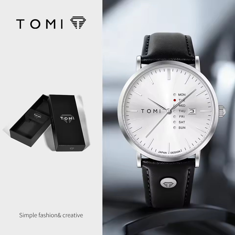 New TOMI T-019 Trendy Men's Watch Quartz Texture Business Watch with Leather Strap and Weekday Calendar