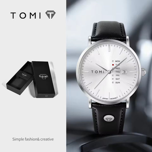 New TOMI T-019 Trendy Men's Watch Quartz Texture Business Watch with Leather Strap and Weekday Calendar