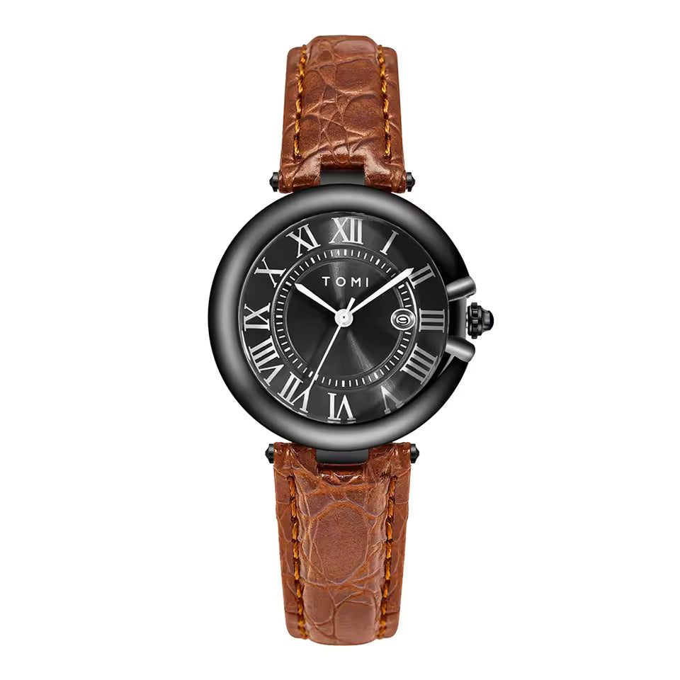 TOMI T-075 Couple Watch Date Quartz Leather Strapa