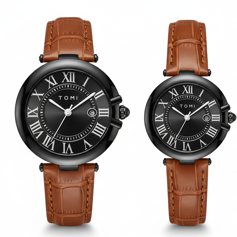 TOMI T-075 Couple Watch Date Quartz Leather Strapa