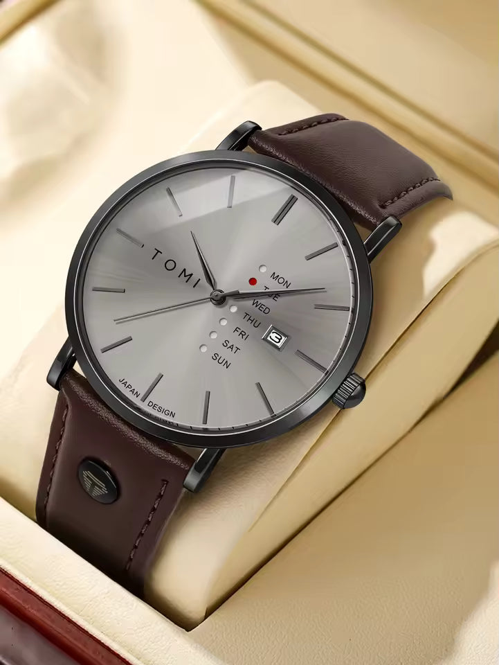 New TOMI T-019 Trendy Men's Watch Quartz Texture Business Watch with Leather Strap and Weekday Calendar