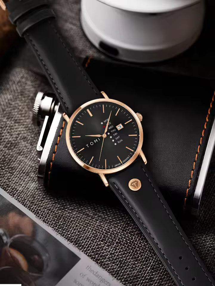New TOMI T-019 Trendy Men's Watch Quartz Texture Business Watch with Leather Strap and Weekday Calendar