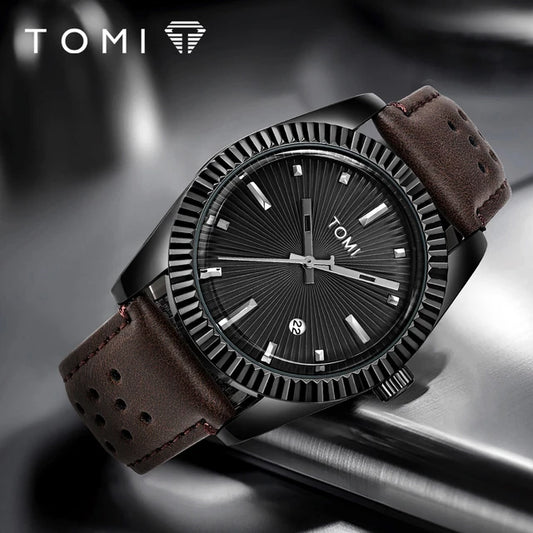 TOMI T-098 Men's Watch Date Quartz Round Shape Dial Leather Straps