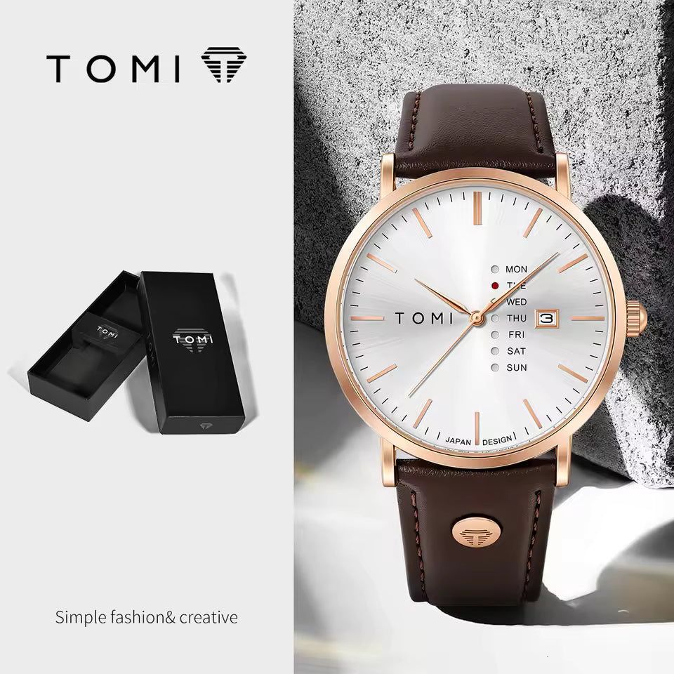 New TOMI T-019 Trendy Men's Watch Quartz Texture Business Watch with Leather Strap and Weekday Calendar