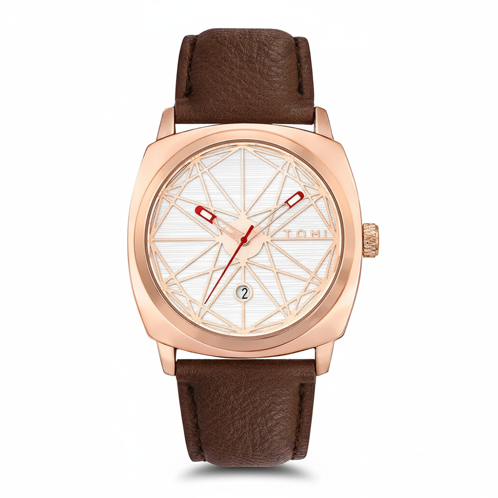 TOMI T-112 Men's Watch Date Quartz Square Dial Leather Straps