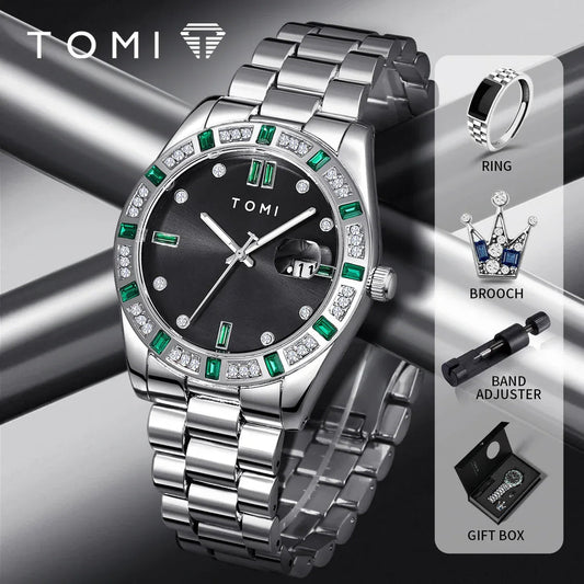 TOMI T-305 High Quality Chain Watch Set – Date Quartz | Ring & Brooch | Premium Gift Box