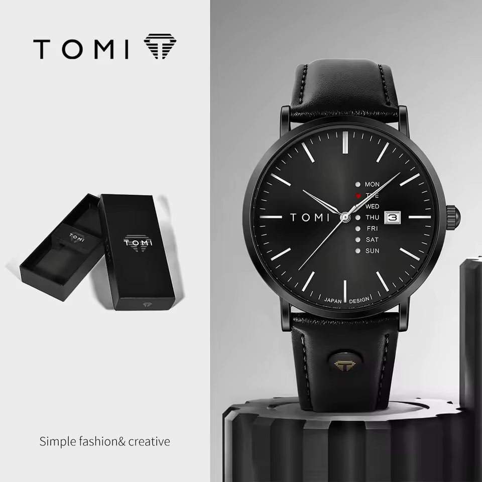 New TOMI T-019 Trendy Men's Watch Quartz Texture Business Watch with Leather Strap and Weekday Calendar